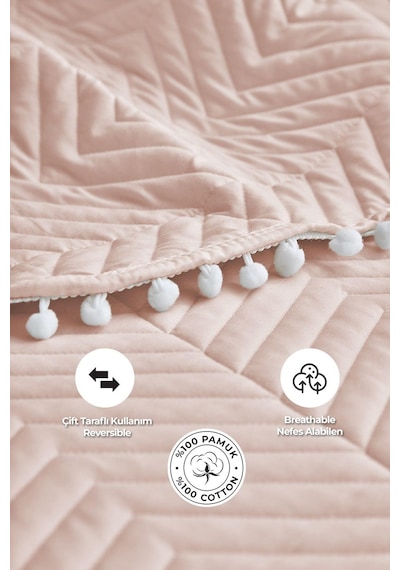 Evlen Home Ollie %100 Pamuk Yatak Örtüsü Pike Takımı Çift Kişilik Ponponlu Kapitone Günlük Pudra
