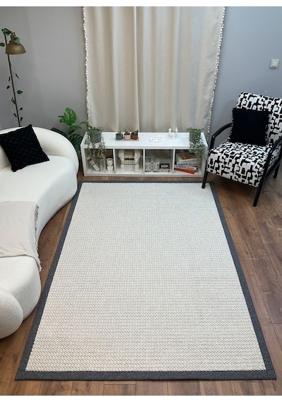 Saraz Halı Kumaş Bordür Bej Bukle Siyah Bordür Halı Salon Koridor Mutfak Çocuk Odası Halısı Kilim S263 Beyaz Gri