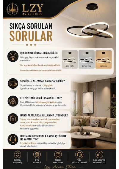 Levent Modern Papatya Siyah Model Kumandalı 3 Renk Beyaz & Sarı & Günışığı 60 Cm Led Avize