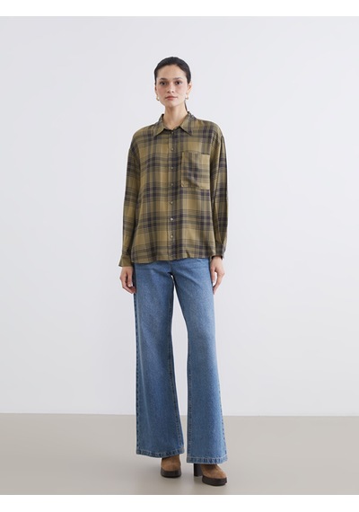 Lcw Modest Yeşil Ekose Poplin Oversize Kadın Gömlek Tunik
