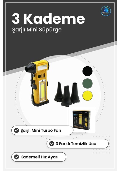Araç İçi Süpürge Şarjlı Mini Turbo Fan 3 Uç Kademeli Hız Fenerli