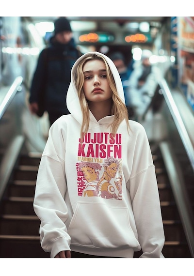 Jujutsu Kaisen Itadori Yuji Baskılı Unisex Oversize Anime Hoodie Beyaz