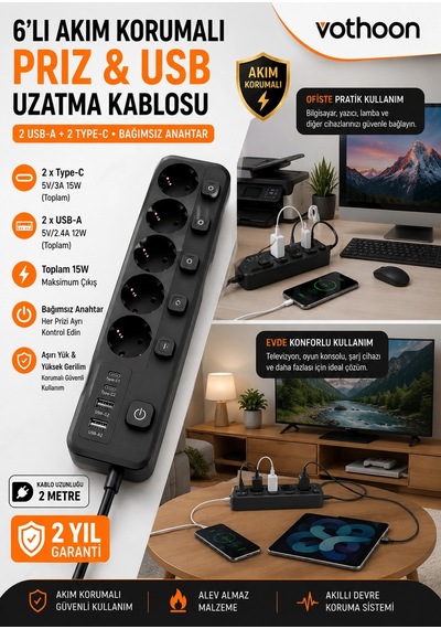 Akım Korumalı 5 Li Priz 2xusb 2xtype-c Çıkış Akım Koruma Çoklu Priz Çoğaltıcı Anahtarlı Ftr-31 Siyah 0