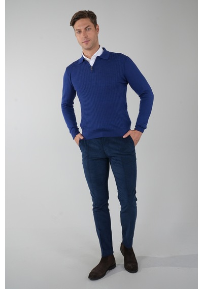 Bisse Indigo Polo Yaka Fermuarlı Ön Jakar Yün Erkek Triko Tr23k23204 D66 Indigo