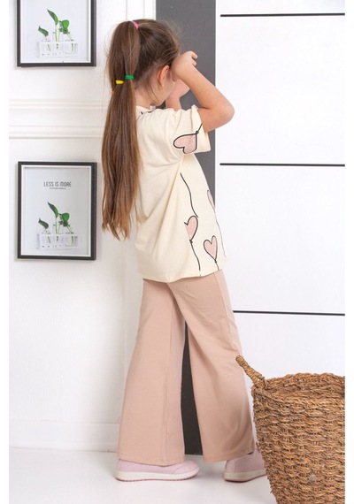 Tunays Shopping İspanyol Paça Tayt Pantolon Kalp Baskılı Oversize Tshirt Kız Çocuk Alt Üst Takım Bej