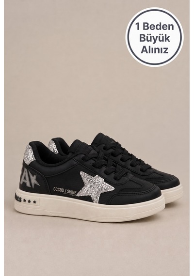 Ht Hotin Zoom Çocuk Yıldız Detaylı Günlük Sneaker Rahat Tabanlı Bağcıklı Spor Ayakkabı - Siyah