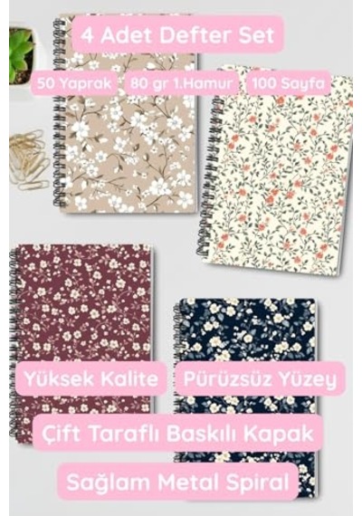 Ayrex Mini Çiçekler Tasarım 4'lü Defter Seti - A5 Boyut, Çizgisiz, Tel Spiralli - Günlük, Ajanda, Okul Ve Anı De Genel