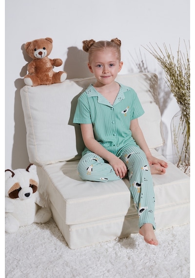 Lela Baskılı Beli Lastikli Gömlek Yaka Kısa Kollu Kız Çocuk Pijama Takımı 6576001 Mint