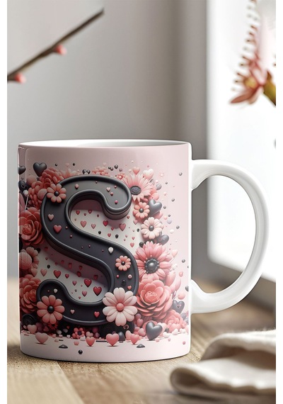 Renkli Çiçekli S Harfi Baskılı 3d Görünümlü Tasarım Mug Kupa Bardak Açık Haki
