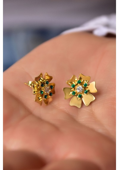 925 Ayar Gümüş Gold Kaplama Mayıs Ayı Doğum Taşı Tohumlu Linum Çiçeği Küpe UVPTS300348-1