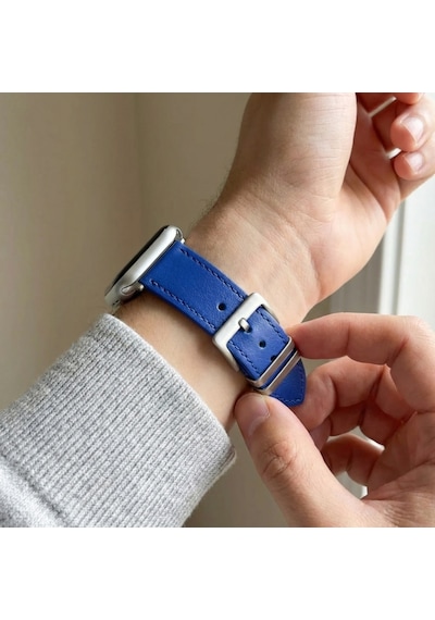 Goldoni Apple Watch Uyumlu Koyu Mavi İnce Gerçek Deri Kordonu Metal Köprülü