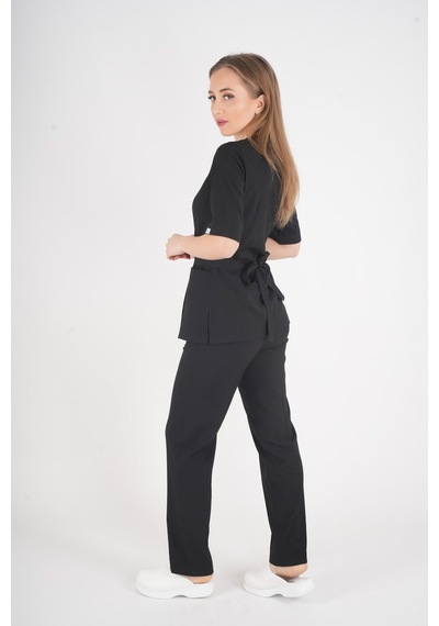 Siyah Elegant Model Cerrahi Üniforma Belden Bağlamalı Scrubs Takım Siyah
