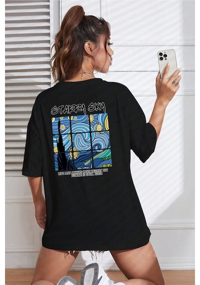 Starry Sky Baskılı Unisex Oversize Tshirt Siyah