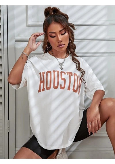 Startmore Kadın Beyaz Houston Baskılı Oversize T-shirt Beyaz