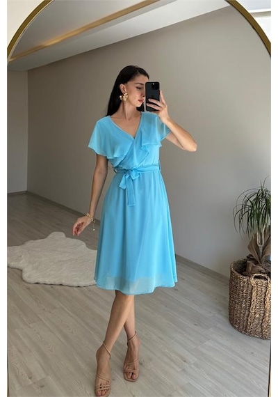 Neşeli Butik Kadın V Yaka Kuşaklı Mini Şifon Elbise Nm007 Bebe Mavisi