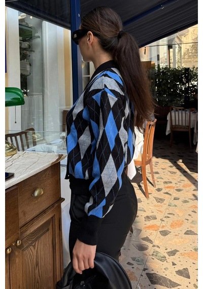 Madmext Siyah Baklava Desenli Polo Yaka Kadın Hırka Mg2478 Siyah