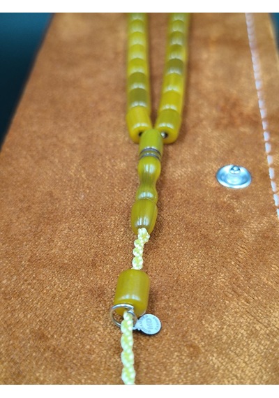Usta İmzalı Osmanlı Benzetme Sıkma Kehribar Tesbih Muhammed Dabbas, Hardal Sarısı, 9x7 Mm Gümüş