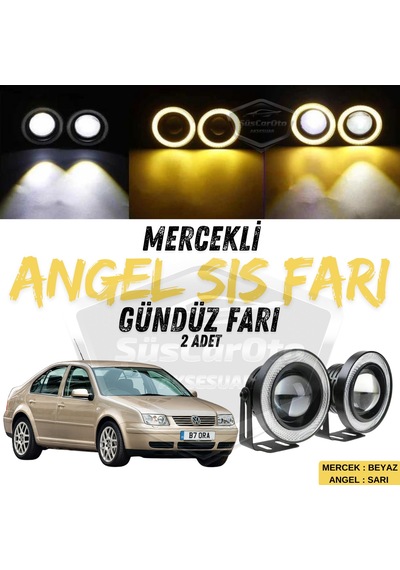 Vw Bora 1998-2006 Uyumlu  Mercekli Angel Sis Farı Metal Su Geçirmez 76 Mm Sarı Halkalı Gündüz Farı Angel Eyes 2 Adet 01