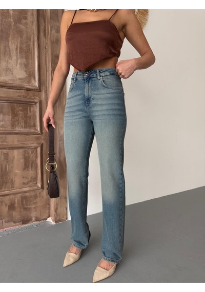 Kadın Straight Likralı Yüksek Bel Boru Paça Kot Pantolon Mavi Tint Mavi+tint