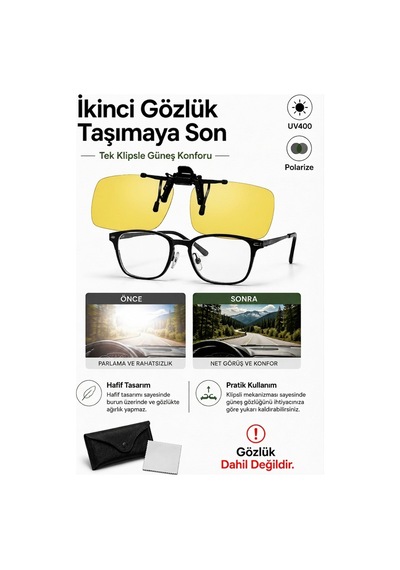 Polarize Güneş Gözlüğü Klipsi Uv400 Korumalı Gözlük Üstü Klips Hafif Mekanizmalı - Sarı Çerçevesiz