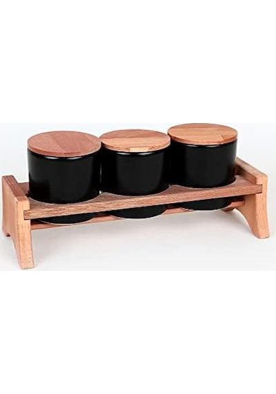 Keramika Mat Siyah Ege Ahşap Standlı Saklama Kabı 10 Cm 3 Parça