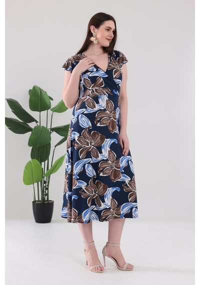 Madwilo Kadın Lacivert Floral Desen Fırfır Kol Kruvaze Yaka Büyük Beden Esnek Maxi Elbise