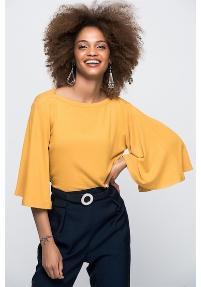 Aqe Fashion Kadın Kolu Volanlı Kayık Yaka Hardal Bluz-Hardal