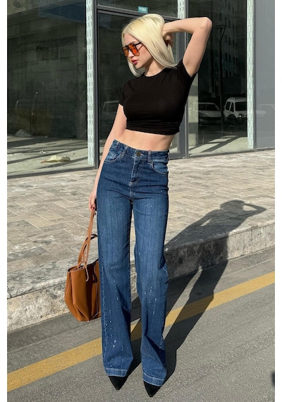 Madmext Lacivert Yüksek Bel Likralı Taşlı Kadın Jean Pantolon Mg2271 Lacivert