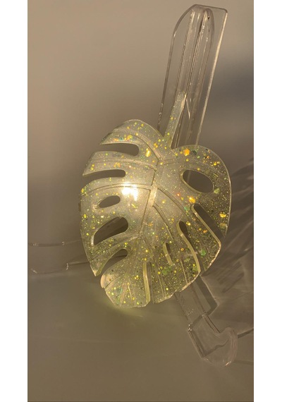 Transparan Sarı Renk Glitterli Epoksi Bardak Altlığı Yaprak Desen Sarı