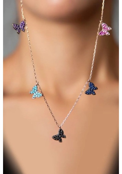 925 Ayar Papatya Silver Doğum Taşlı Mini Kelebek Kolye.rose.gold.rodaj Gümüş