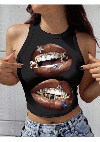 Afri Kadın Siyah Baskılı Crop Atlet Diş Grillz Desenli, Sokak Modası Tarzı Siyah