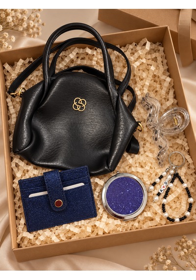 Elpida Bags Kadın Siyah El Ve Omuz Çantası Ve Aksesuar Hediye Seti Çanta, Kartlık, Cep Aynası, Toka Ve Charm Siyah - Lacivert