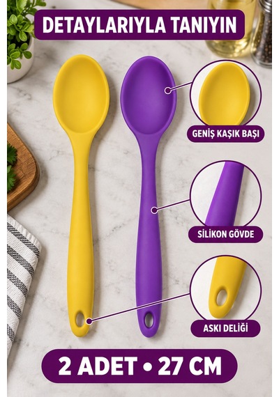 2'li Set Sarı Mor Büyük Boy Silikon Kaşık 27 Cm Mutfak Yemek Pişirme Ve Servis Kaşığı İki Renkli Set