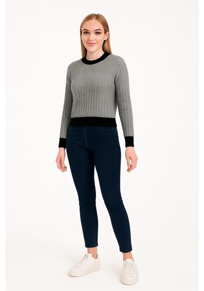 Hira Life Fashion Kadın Bisiklet Yaka Fitili Ve Şerit Detaylı Crop Triko Kısa Kazak Gri Gri