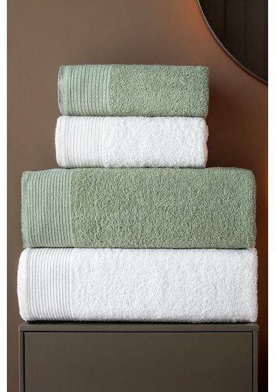 4'lü Hamam Takımı Banyo Havlu Seti 2 Adet 50x90 + 2 Adet 70x140 %100 Pamuk Yumuşak Havlu Yeşil - Beyaz
