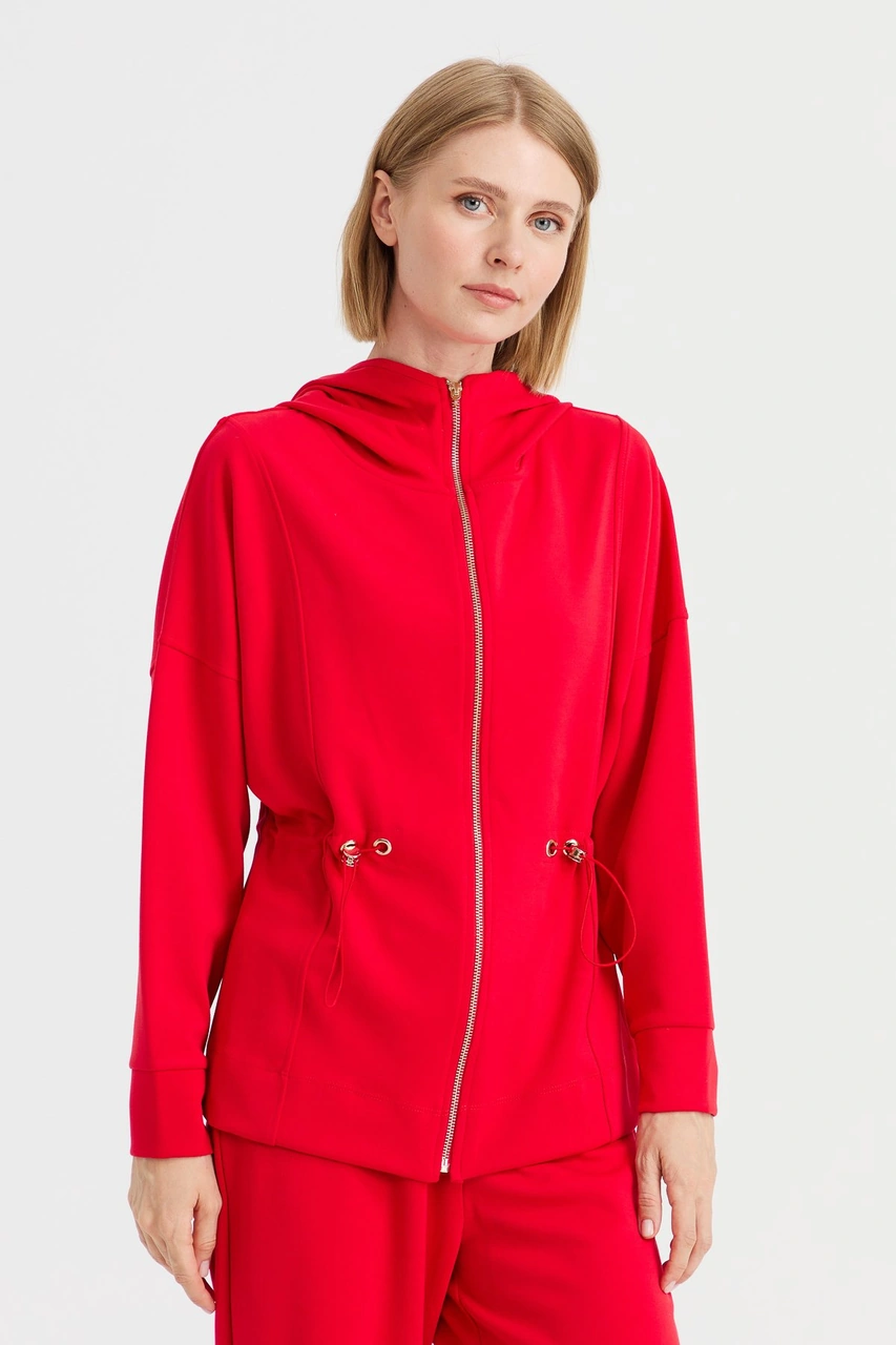Kadın Kapüşonlu Beli Büzgülü Sweat Kırmızı Kırmızı