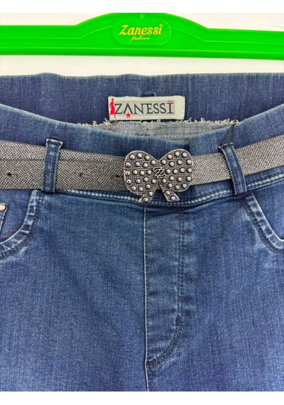 Zanessi Fashıon Büyük Beden Kemerli Likralı Taşlı Denim Kadın Pantolon Lacivert