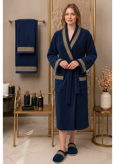 Premium %100 Pamuk Unisex Şalyaka Cepli Bornoz Seti 4 Parça Havlu Terlik Takımı Lacivert Lacivert