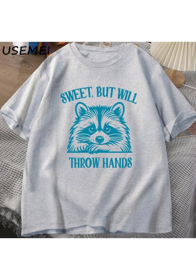 Flood Of Style Tatlı Ama El Atacak Baskılı T-shirt Erkek Kadın Komik Rakun Meme T Çöp Panda Tshirt Ya Gri
