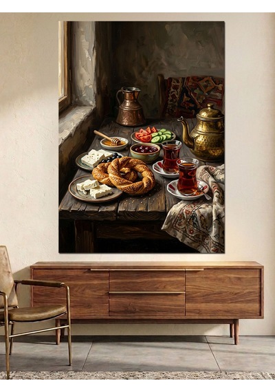 Pencere Kenarı Türk Kahvaltı Sofrası Dekoratif Kanvas - Mdf Ahşap Tablo Çok Renkli