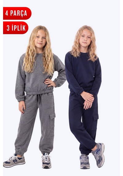 Panios Kids 3 İplik Kız Çocuk Düz Kısa Bel Sweatshirt Bisiklet Yaka 2'li Eşofman Takımı Füme - Lacivert