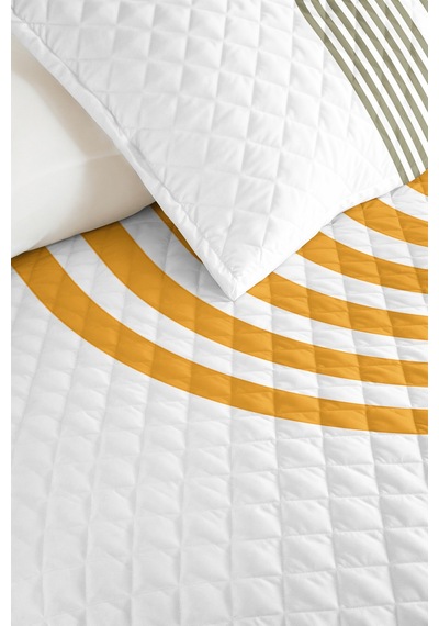 Geometrik Bohem Haki Genç Odası Tek Kişilik Pike Takımı - Hardal 160x220 Cm Kapitone Yatak Örtüsü Killi Rota İzi