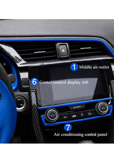 Honda Civic 2016-2021 İçin 10. Nesil Panel Karbon Kaplama 11 Parça Mavi Detaylar