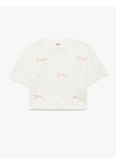 Koton Fiyonk Ve Taş Detaylı Ekru Kız Çocuk T-shirt 6skg10192a Ekru