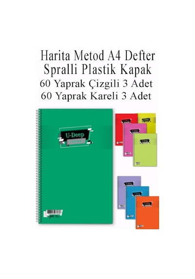 A4 Okul Defteri Spiralli Plastik Kapak 60 Yaprak Çizgili 3 Adet Ve 60 Yaprak Kareli 3 Adet Spralli Harita Metod