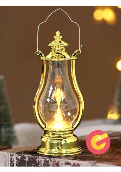 Retro Alev Efektli Led Lamba Pilli Gaz Lambası Modeli Kandil Atmosfer Dekoratif Ramazan Yılbaşı Aydınlatma Altın