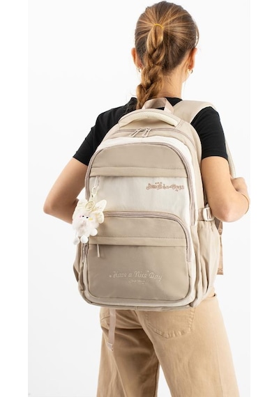 Ventis Unisex Maskotlu Okul Çantası Lise Ortaokul Sırt Çantası 43 30 Cm Çok Cepli Vnt5-j Krem