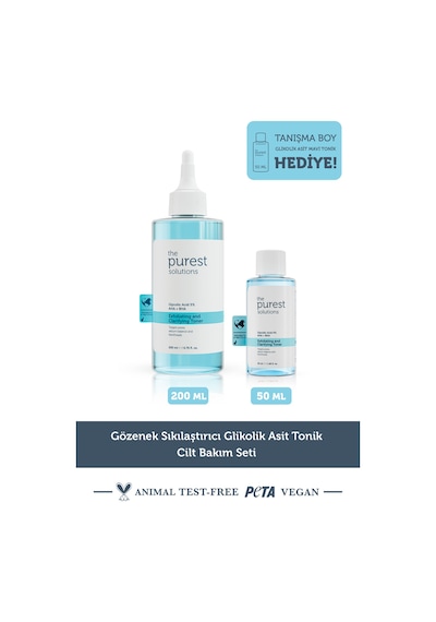 The Purest Solutions Gözenek Sıkılaştırıcı Glikolik Asit Tonik Cilt Bakım Seti: 200 ml Mavi Tonik + 50 ml Tanışma Boy