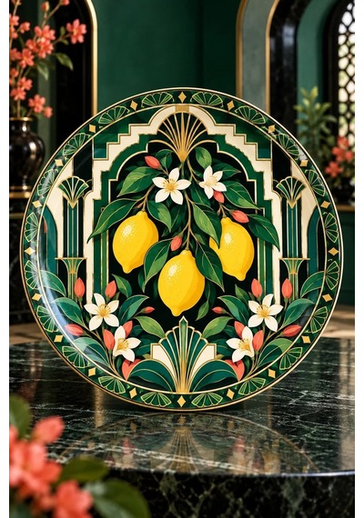 Dekoratif Duvar Tabağı Limonlu Art Deco Bahçe Dekorlu Seramik Tabak Beyaz