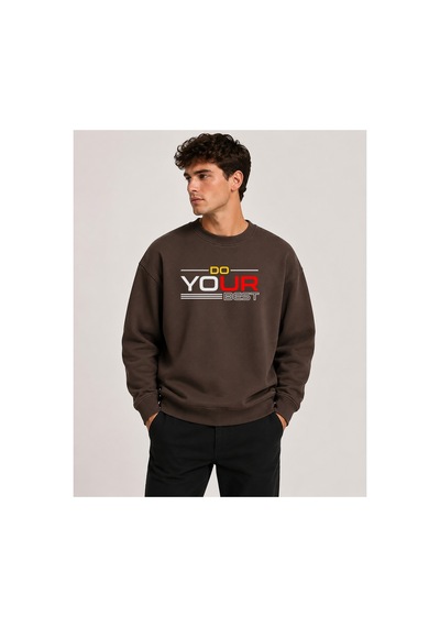 Herkesemoda Your Best Harder Baskı Detaylı Bisiklet Yaka Şardonlu 2 İplik Sweatshirt Kahverengi